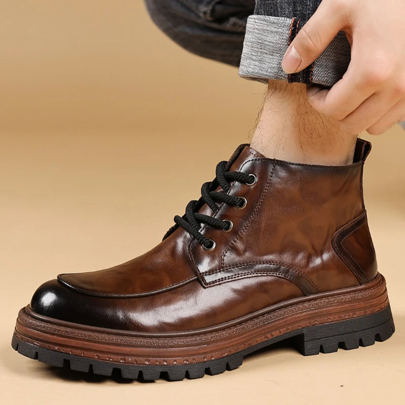 Outdoor Men High Top Leather Shoes Classic Black Leather Boots Motorcycle Breathable Riding Mid-calf Ankle Boots Warm Work Shoes