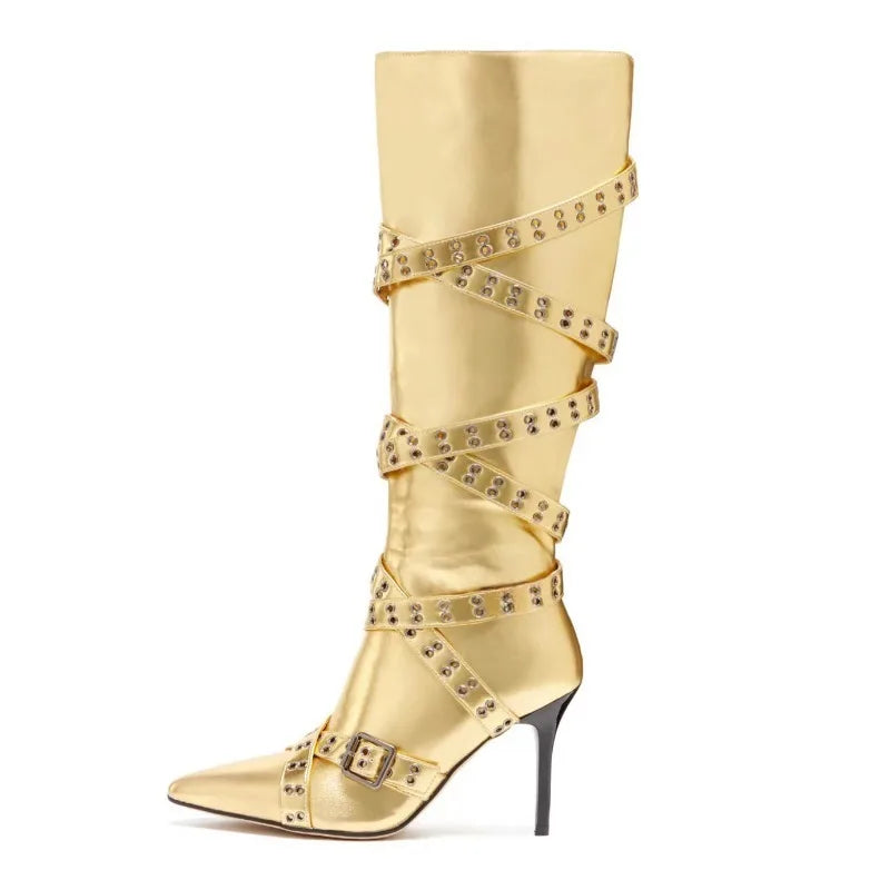 Brand Cross Strap Riveted Retro Silvery Knee High Boots New Spicy Girl Pointed High Heel Motorcycle Boots Fashion Women Shoes