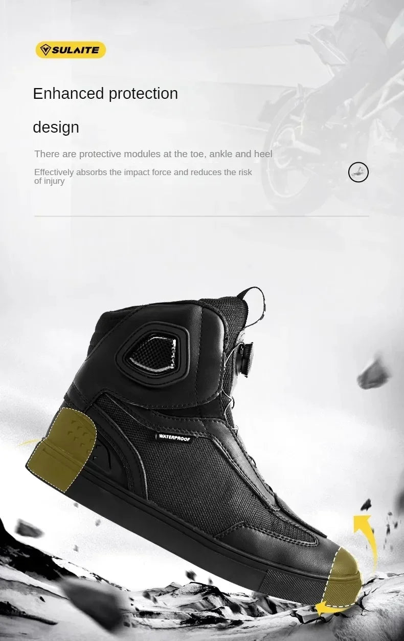 Sulaite Motorcycle Boots Men Waterproof Motorcyclist Boots Black Leather Motocross Boots Breathable Moto Biker Shoes