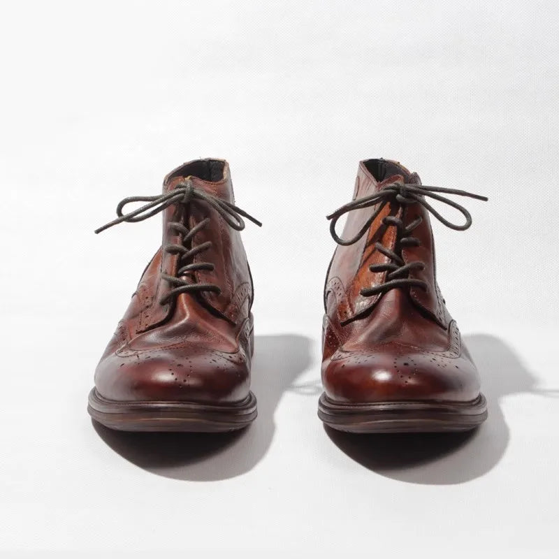 Casual Handmade Vintage Cowhide Genuine Leather Short Boots Men Carving Design High Top Cargo Shoes Men Lace Up Motorcycle Boots