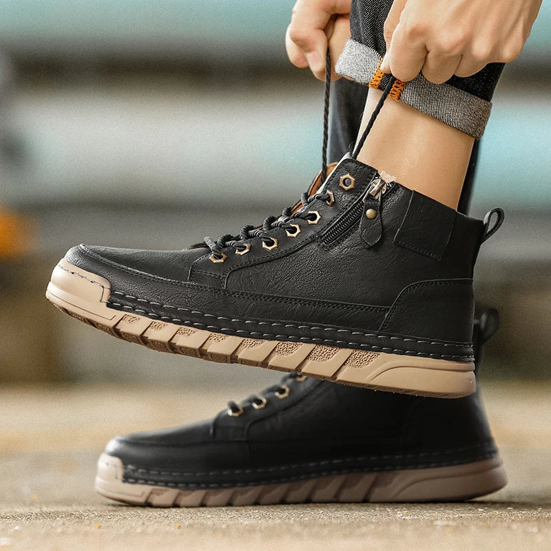 Men's High Top Leather Ankle Boots Comfortable Motorcycle Boots Non Slip Walking Training Shoes Botas Outdoor Treking Footwear