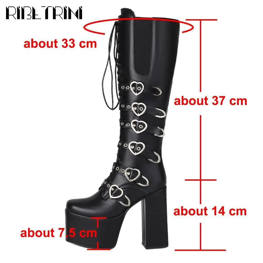 Cool Women Motorcycle Boots High Heeled Knee High Sassy Platform Shoes Lace Up Zip Luxury Designer Brand Winter Street Booties
