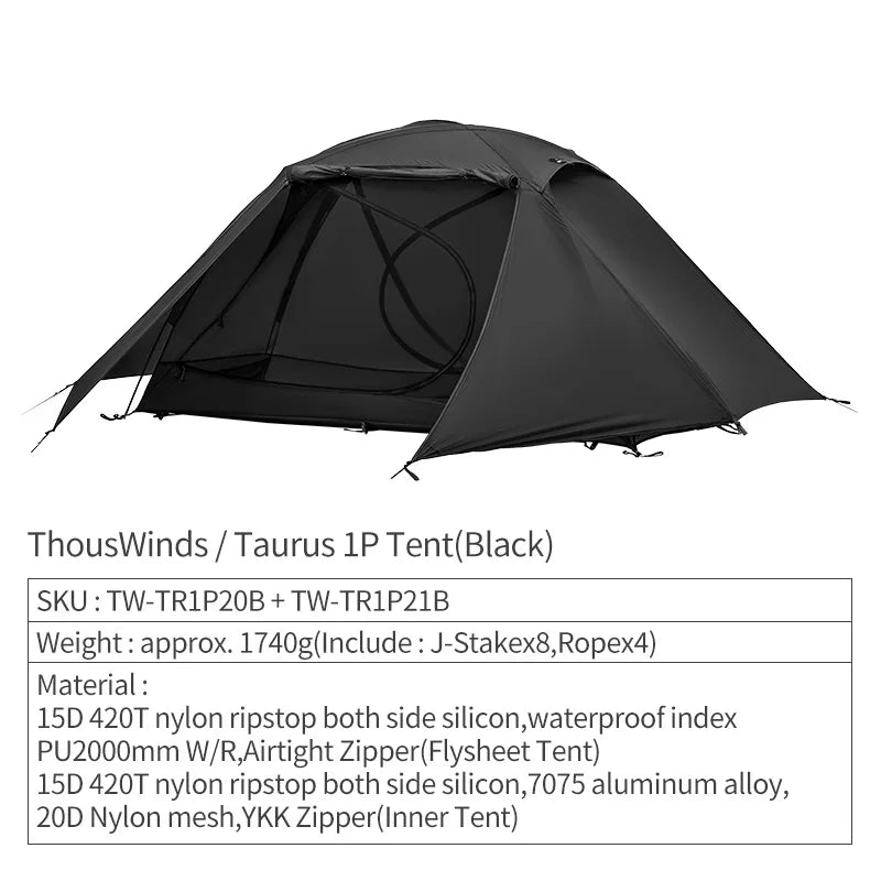Thous Winds Taurus Solo Tent, Ultralight Hiking Camp, Solo Backpack Tent, Outdoor Cot Tent, 15D Nylon Ripstop Both Side Silicon