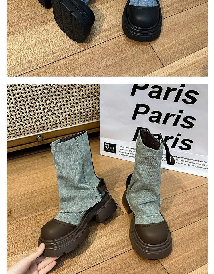 Fall Student Fashion Ankle Boots New Canvas Cowboy Shoes Women's Outdoor Platform Boots Luxury Designer Brand Motorcycle Boots