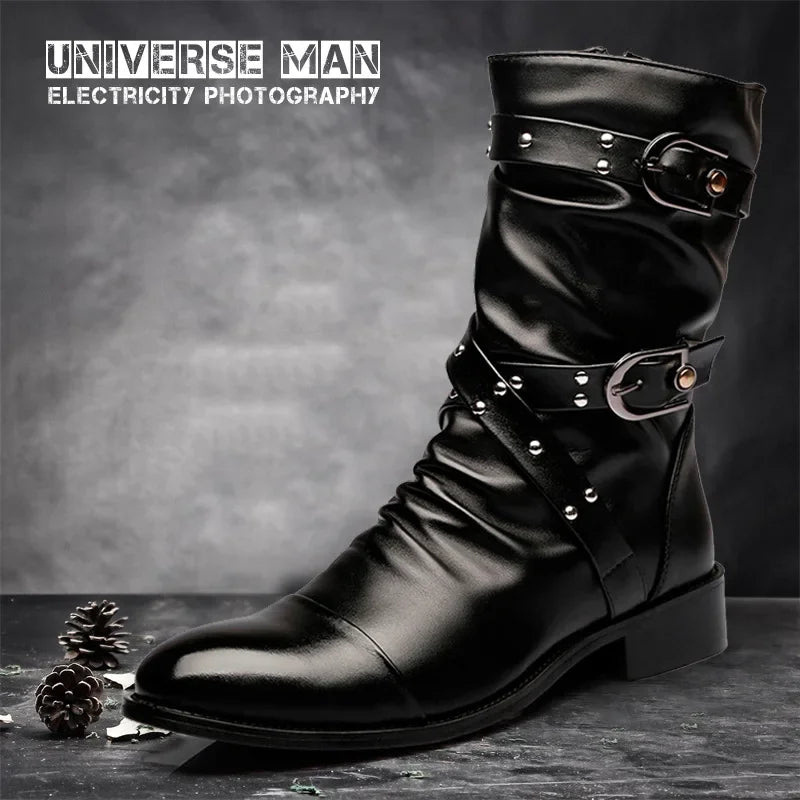 PU Leather Men Motorcycle Boots Men's Riding Hunting Walking Shoes Autumn Winter Mid-Calf Boots High Top Boots