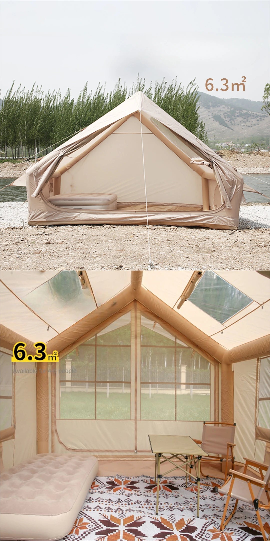 Inflatable Camping Tent for Family, PVC Skylight Air Tube, Camp Base Tents, 12 Square Meters, Large Space, 5-8 Person