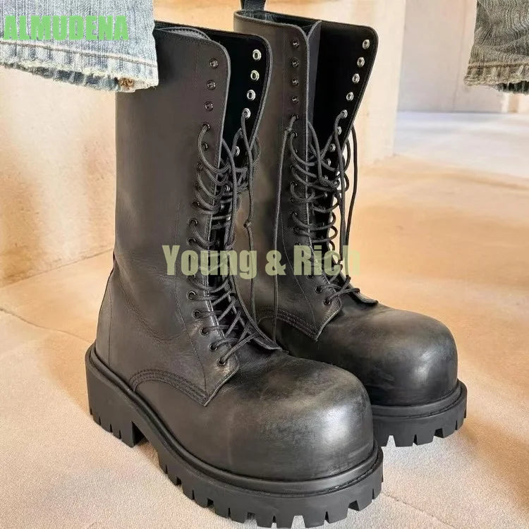 Black Leather Motorcycle Men's Boots Leather Shoes Thick Heel Round Toe Height Increasing Lace Up Work Boots Botas Mujer