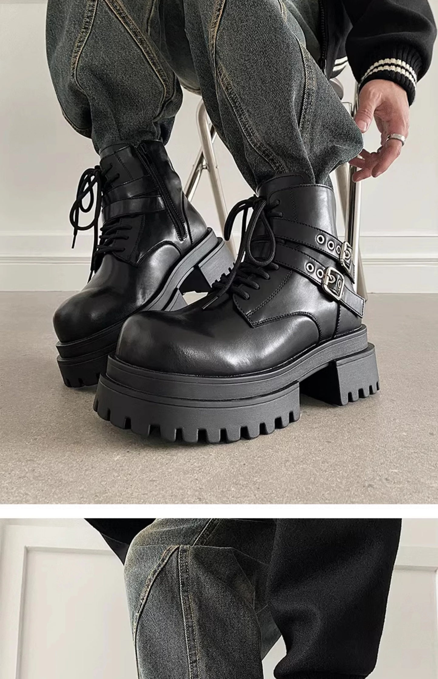 Height increased by 7CM short leather boots for men's dark punk functional motorcycle boots commuting buckle work clothes shoes