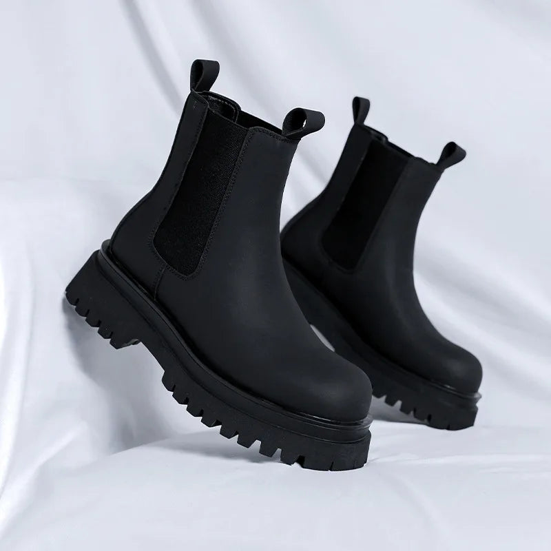 men luxury fashion high motorcycle boots black stylish platform shoes cowboy original leather boot handsome chunky chelsea botas