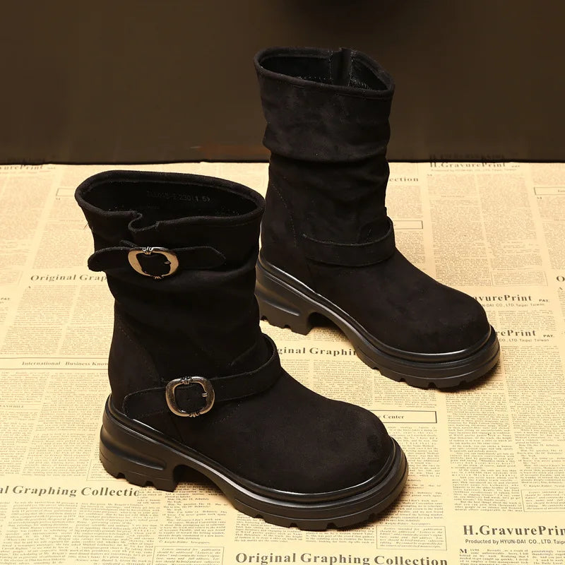 Fujin 9cm Leather Women’s Platform Ankle Boots Booties, Chunky Motorcycle Style Casual Streetwear Fall Winter Fashion Shoes