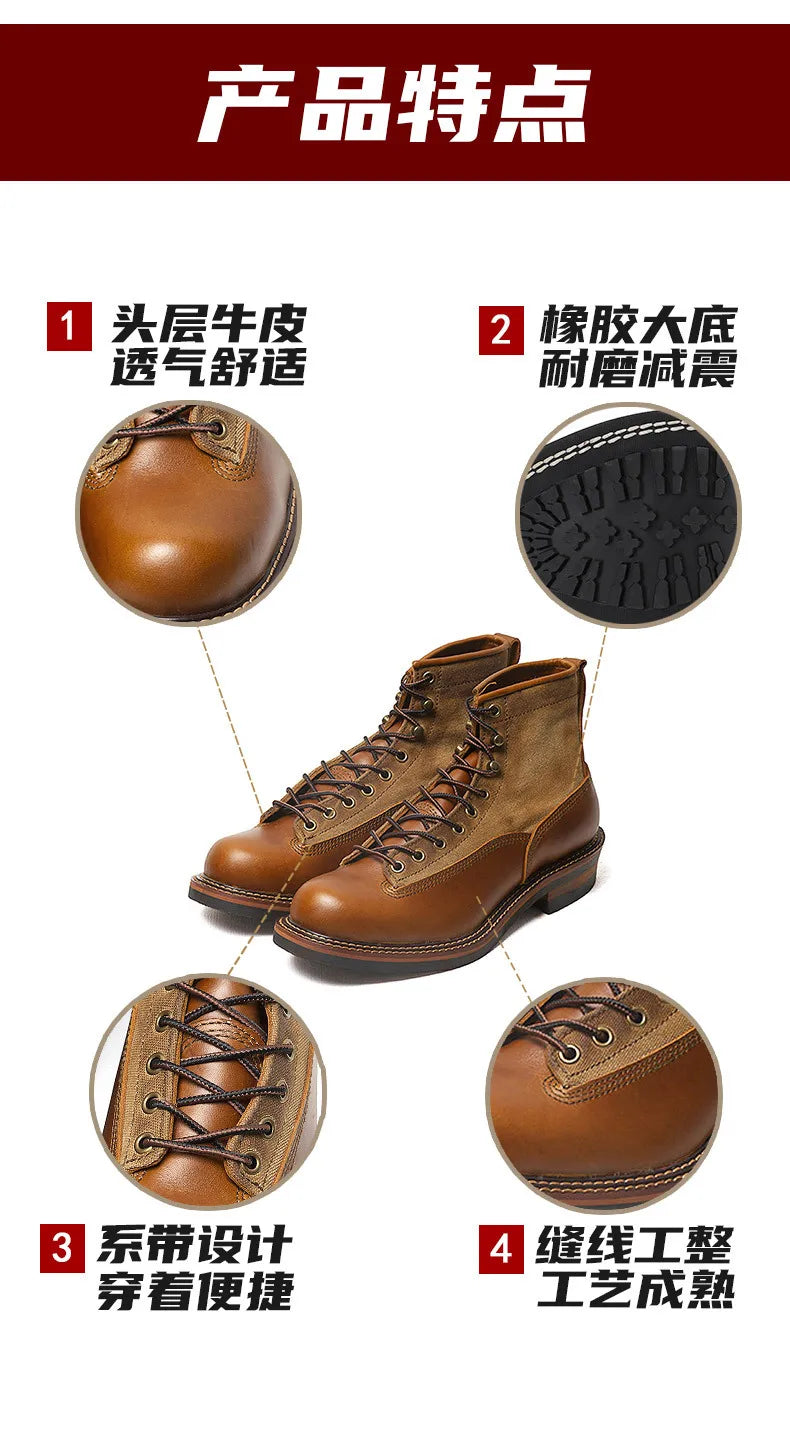 Retro Mens Motorcycle Boots Genuine Cowhide Leather Motorbike Riding Boots Vintage Hight-Top Moto Boots Motocross Ankle Shoes