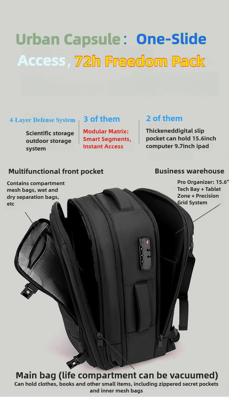 Vacuum Compression Backpack 35L Expandable, Travel Hiking Laptop Bag with Waterproof Cover, Lightweight Daypack for Outdoor