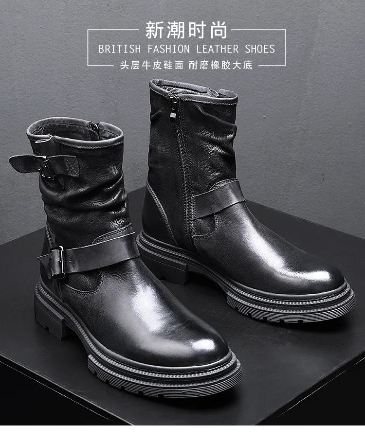 Waterproof Motorcycle Boots Autumn Quality Genuine Leather Retro High Top Motorbike Boots Wear Resistant Moto Riding Shoes