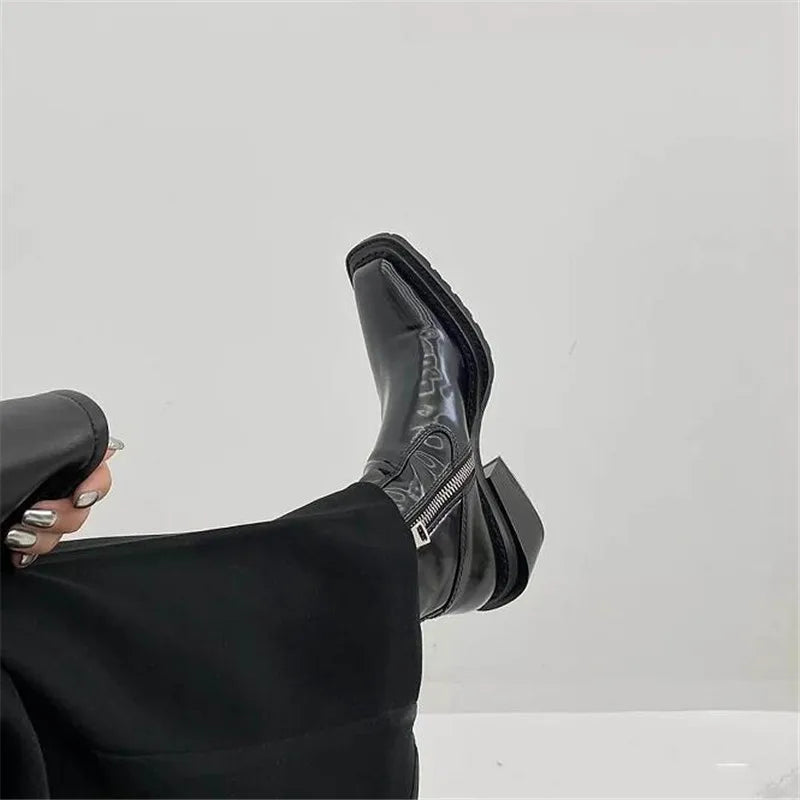 Man Genuine Leather Chelsea Boots Black Men Knight Boot Square Toe Male Motorcycle Boot