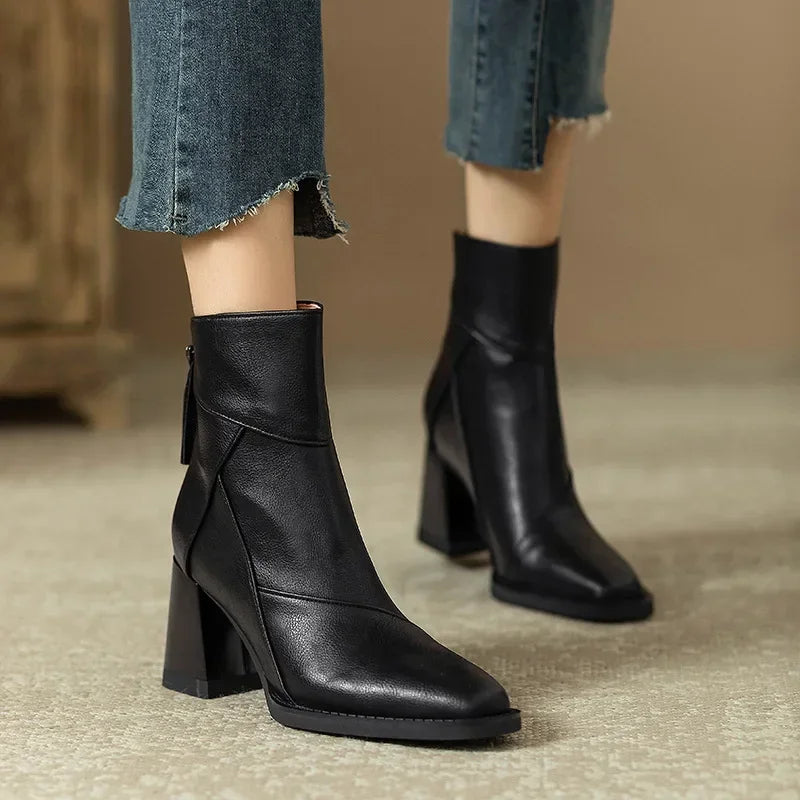 Woman Chunky Ankle Boots Women Zipper Retro Brown Soft Leather Short Boot Autumn New Square Toe Casual High Heel Booties Mujer