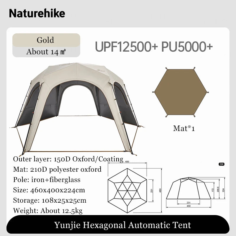 Naturehike Hexagonal Awning Tent Quick Opening Canopy Sunscreen Canopy PU5000 Sunshade Tent Outdoor Camping Travel Tarp Chimney