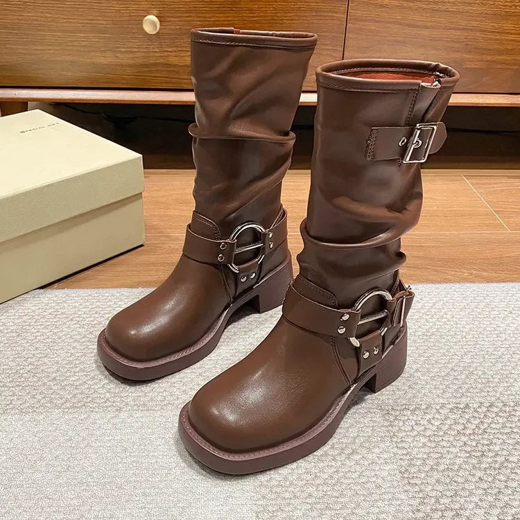 Fashion Buckle Motorcycle Boots Women Round Toe Med Heels Ankle Boots Woman 2024 Pu Leather Square Heel Autumn Platform Shoes