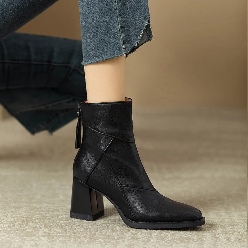 Woman Chunky Ankle Boots Women Zipper Retro Brown Soft Leather Short Boot Autumn New Square Toe Casual High Heel Booties Mujer