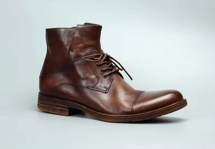 Vintage Mens Cowhide Genuine Leather Riding Ankle Boots Lace Up High Top Work Shoes Vintage Round Toe Autumn Moto Biker Boots