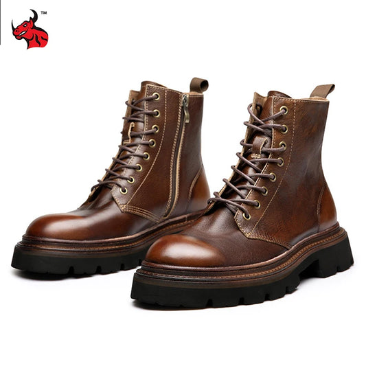 Motorcycle Boots Men Genuine Leather Retro Motorbike Ankle Boots Thick Soled Wear Resistant High Top Cowhide Shoes EU 38-44