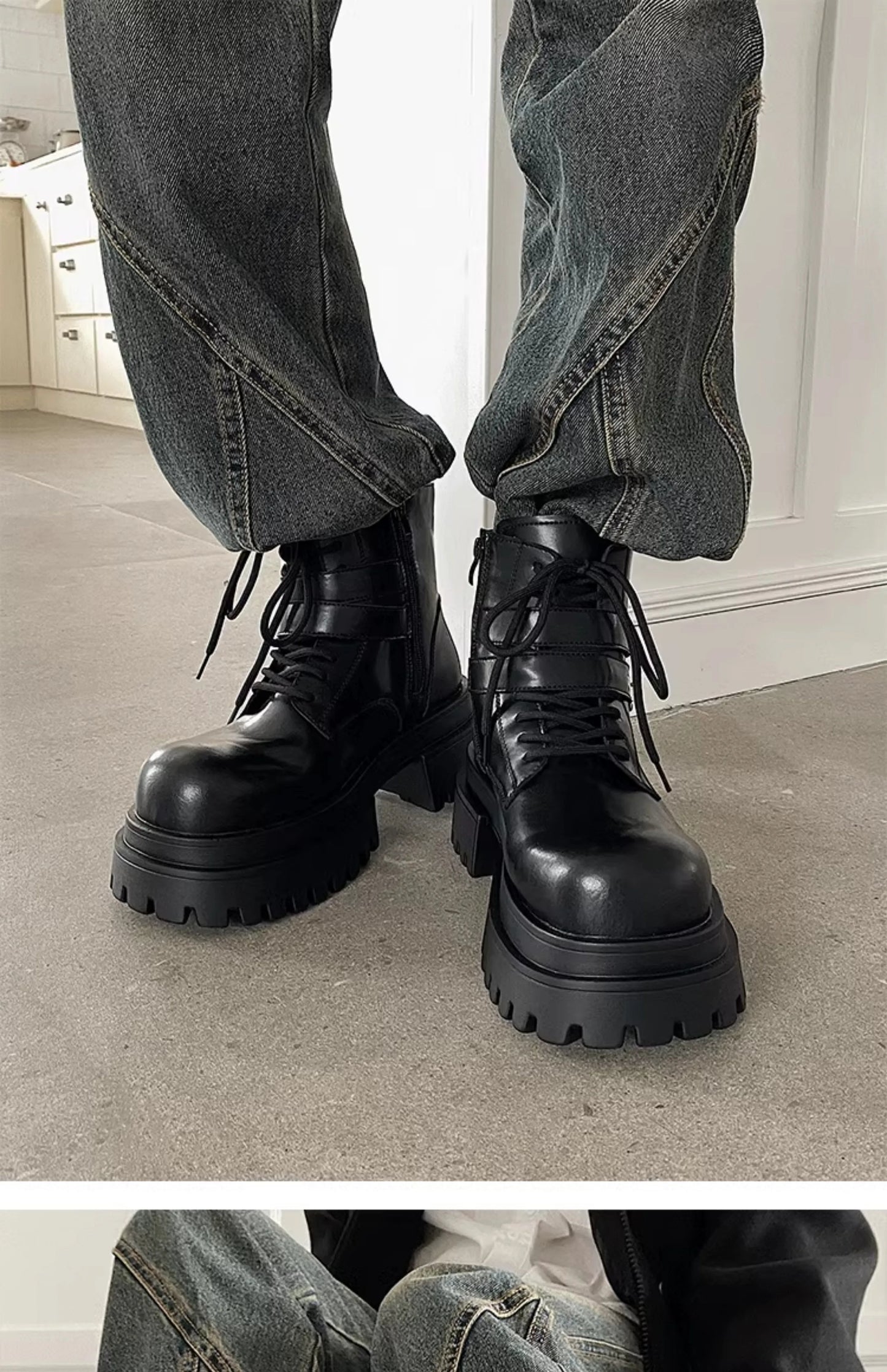 Height increased by 7CM short leather boots for men's dark punk functional motorcycle boots commuting buckle work clothes shoes