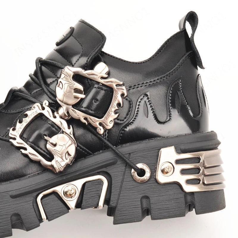New Men's Gothic Skull Boots Black Women Shoes Designer Punk Metal Platform Walking Sneakers Skeleton Metal Buckles Ankle Boots