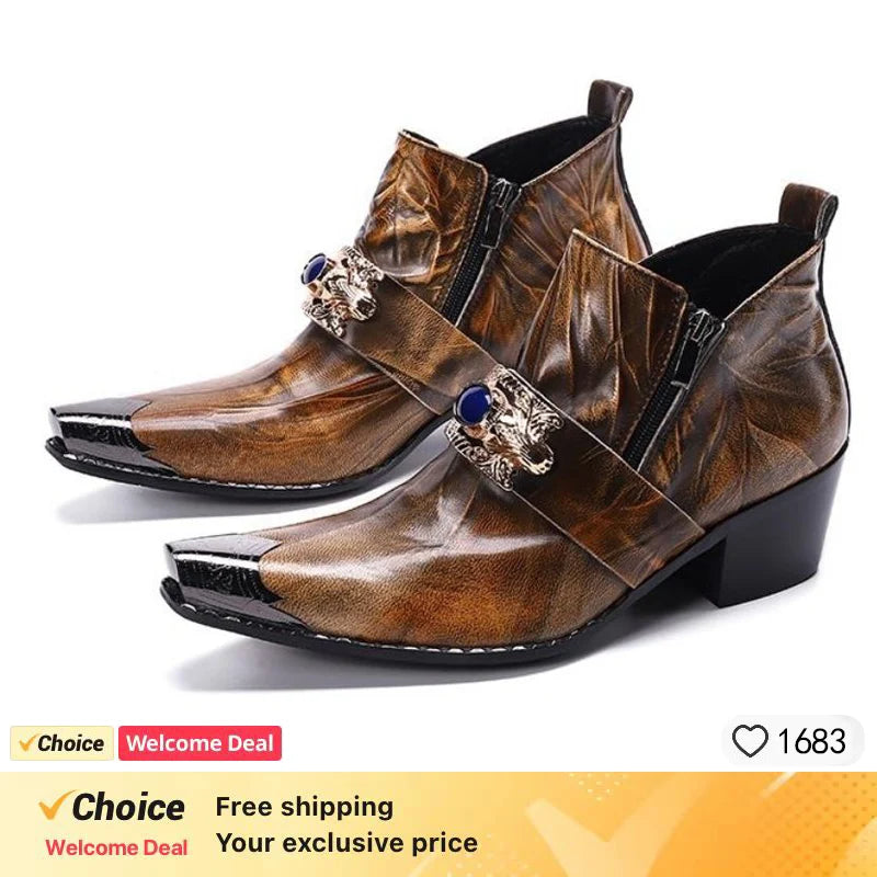 Western men's booties leather shoes pointy brown leather ankle boots men's zipper 6.5cm high heels motorcycle shoes
