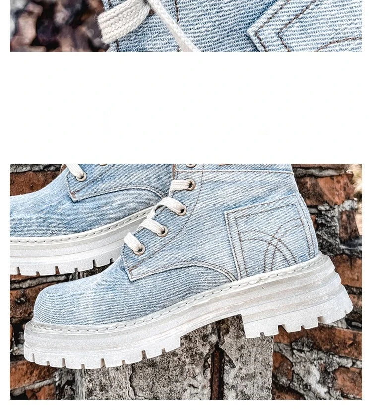 Retro Ankle Boots for Women's Lace Up Thick Sole Shoes Female Round Toe Short Boots Work Dress Western Denim Boots Shoes women