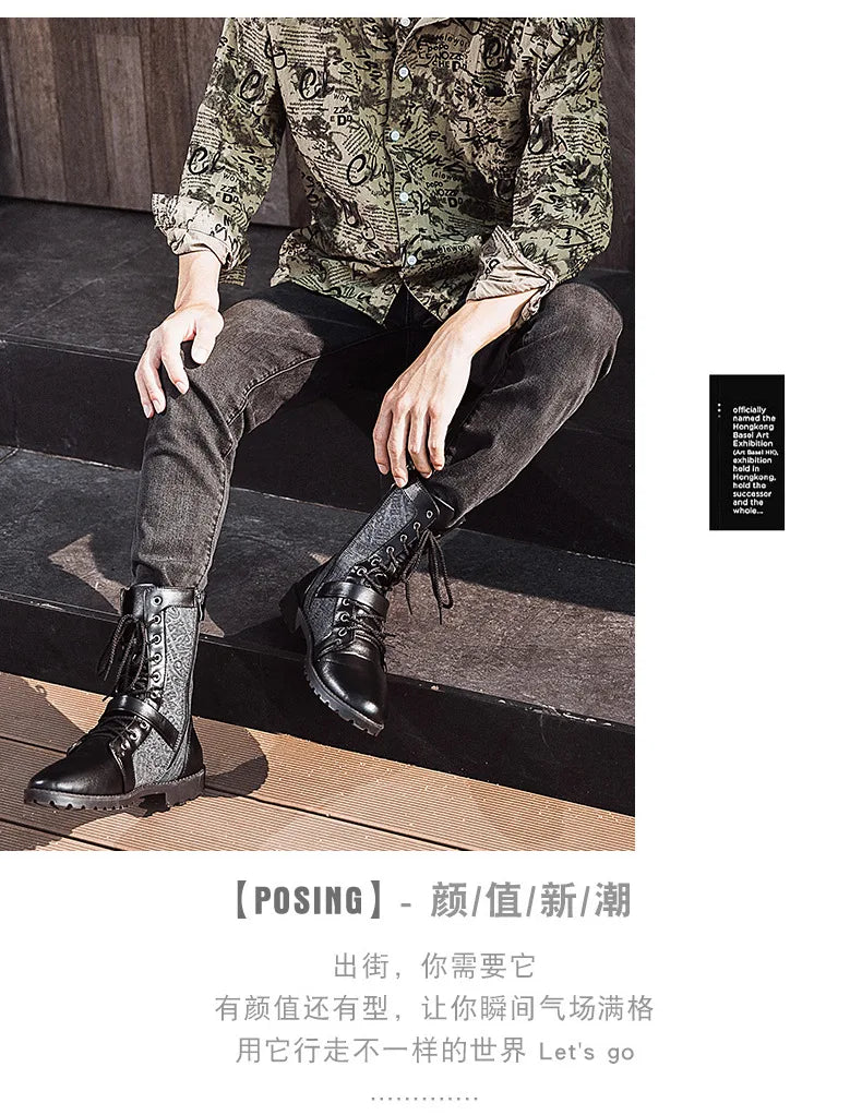 2025 Fashion Man Ankle Boots Lace Up  Platform Leather Shoes Motorcycle Retro Boots Britain Warm Male Platform Mid Calf Boots