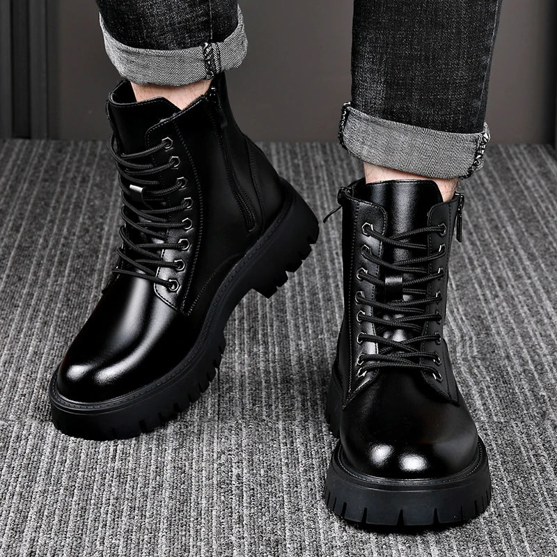 Retro Casual PU Leather Mens Motorcycle Boots Fashion Winter Plush Snow Boots Comfortable Leather High Top Shoes Man Warm Botas