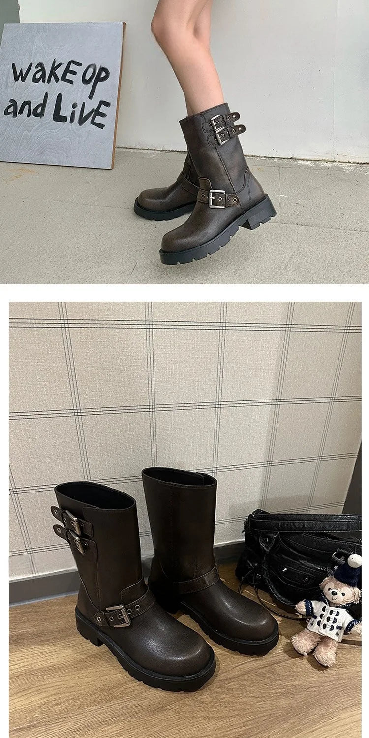 Spring and Autumn Women Boots Retro Platform Boots 2024 Round Toe Solid Color Low Heel Short Buckle Casual Women's Fashion Boots