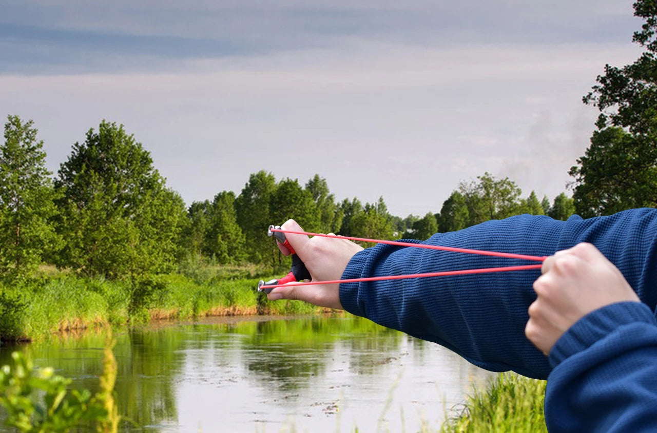 New Style Stainless Steel Powerful Slingshot with Tube Rubber Band Mud Balls Slingshot Catapult Bag for Hunting Outdoor