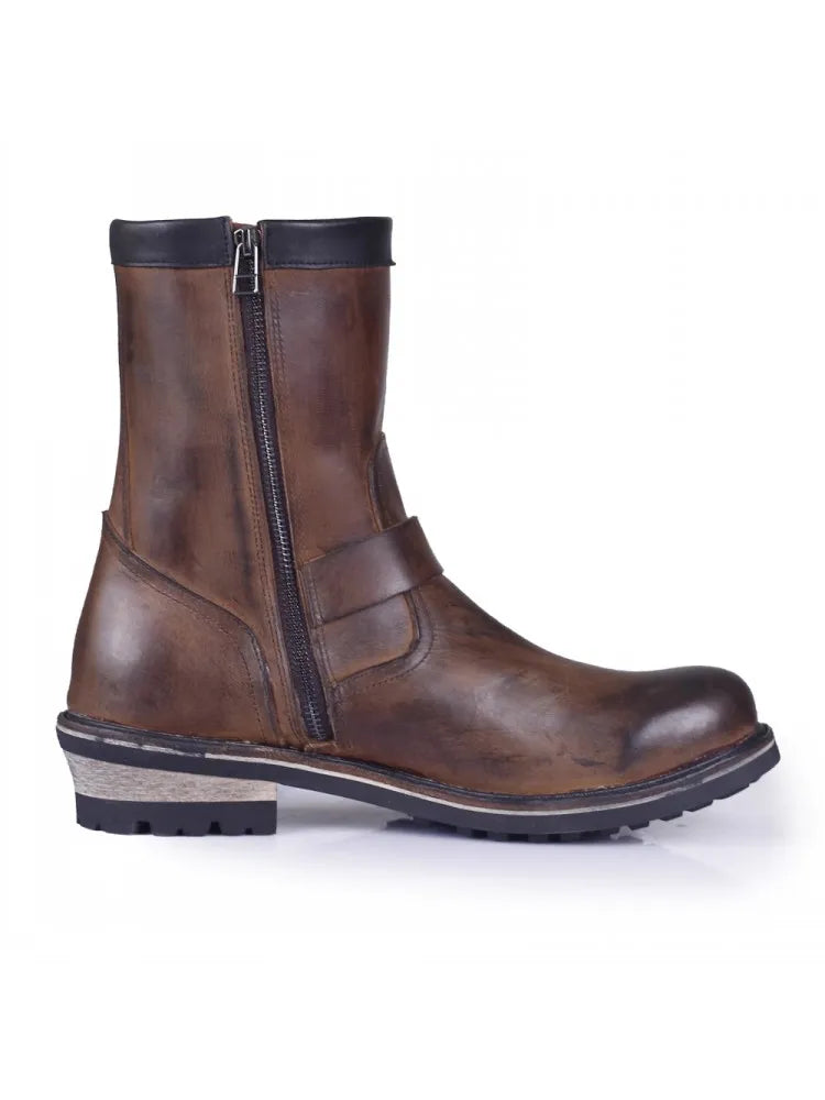 Vintage Mens Cowhide Genuine Leather High Top Engineer Boots Buckle Round Toe Motorcycle Riding Boots Zipper Work Safety Shoes