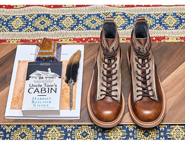 Retro Leather Men Motorcycle Boots High Top Motorbike Riding Boots Fashion Comfortable Ankle Boots Trekking Outdoor Shoes Brown