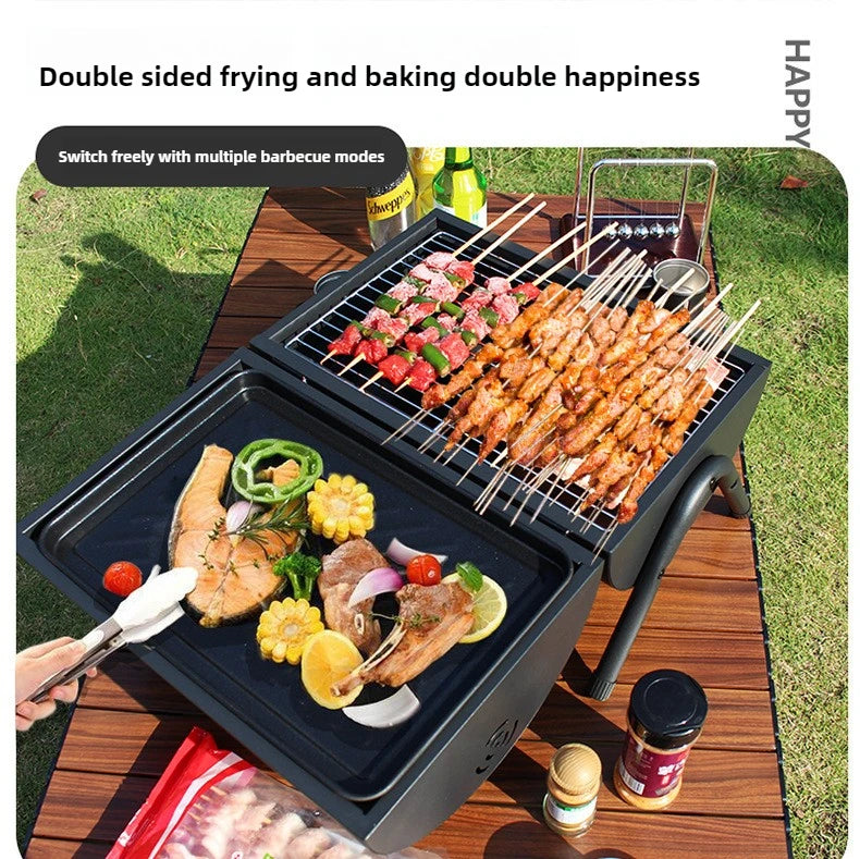 Carbon Steel Outdoor BBQ Grill  Dual-Sided Griddle with Independent Charcoal Tray Foldable Camping Gear  Handheld BBQ Grill