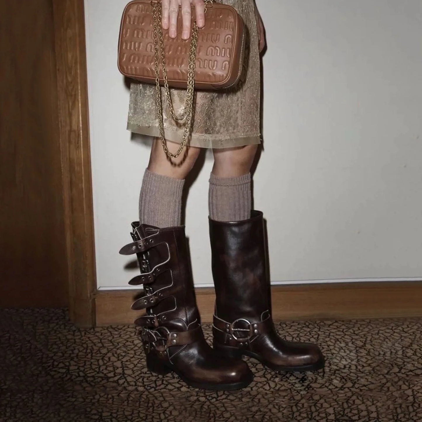 Arden Furtado 2025 Genuine Leather Platform Rivet Motorcycle boots Round toe Belt buckle Block heel mid wide calf Western boots