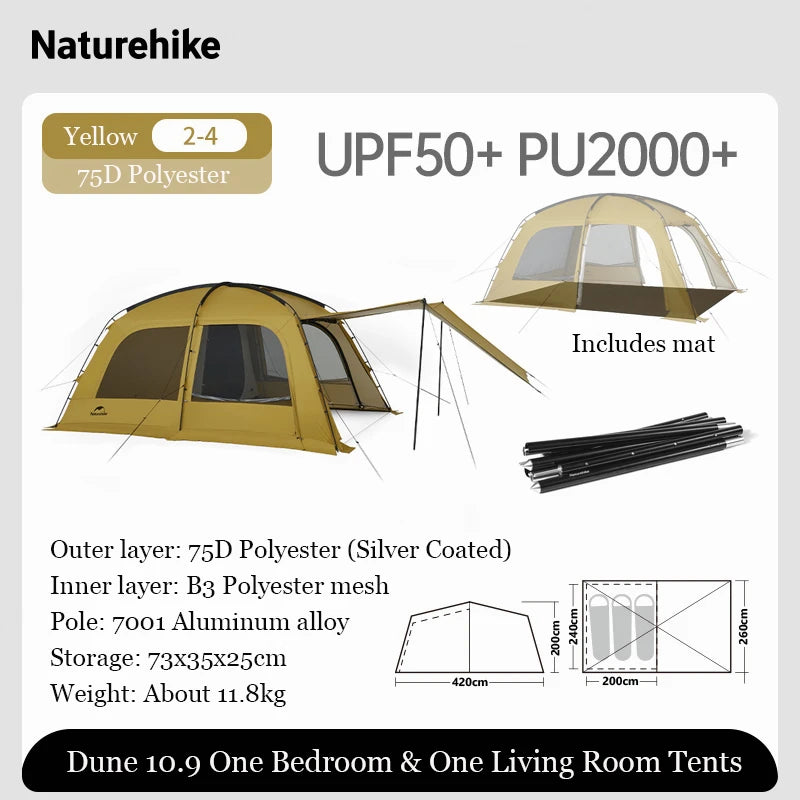 Naturehike Outdoor 4-6 Person Camping Dune 10.9 Tent One Bedroom One Living Room Hiking Tent 75D Nylon Camping Tents Canopy