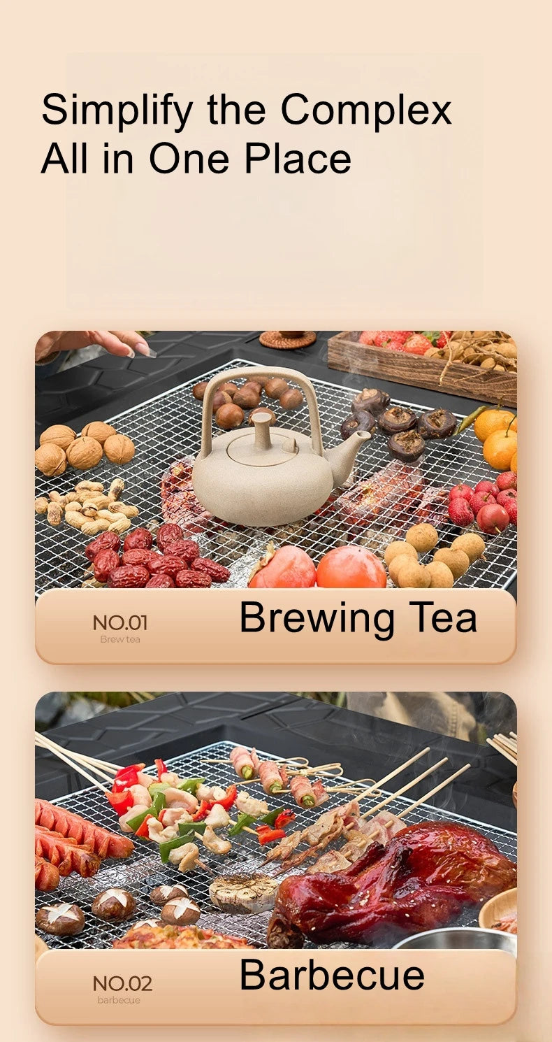 Outdoor Square Barbecue Grill Multi-Functional Barbecue Table Charcoal-Fired Tea-Brewing Table Wood-Burning Stove