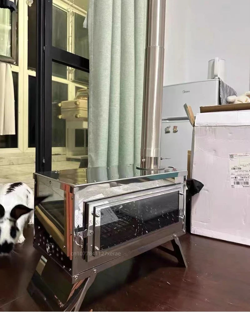 Outdoor tent camping, heat-resistant glass observation stove, portable foldable stainless steel winter heating wood stove