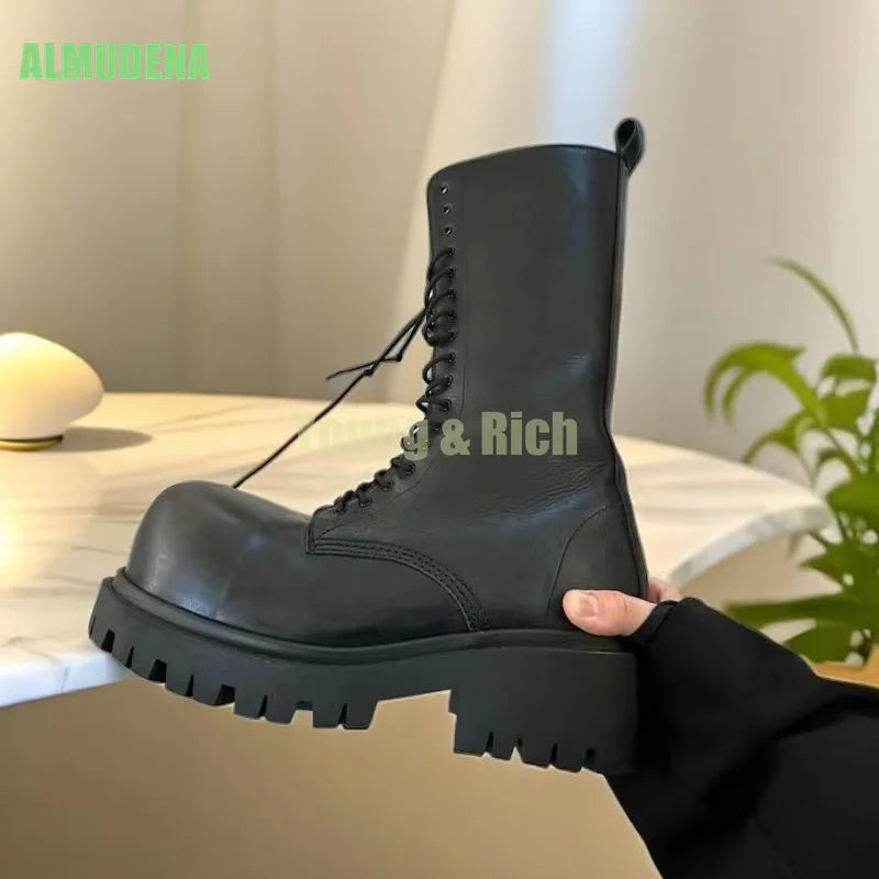 Black Leather Motorcycle Men's Boots Leather Shoes Thick Heel Round Toe Height Increasing Lace Up Work Boots Botas Mujer