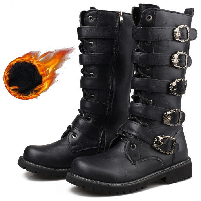 Men's Leather Motorcycle Boots Mid-calf Boots Gothic Belt Rock Punk Shoes Outdoor Black Casual Boot Winter Large Size Men Boots