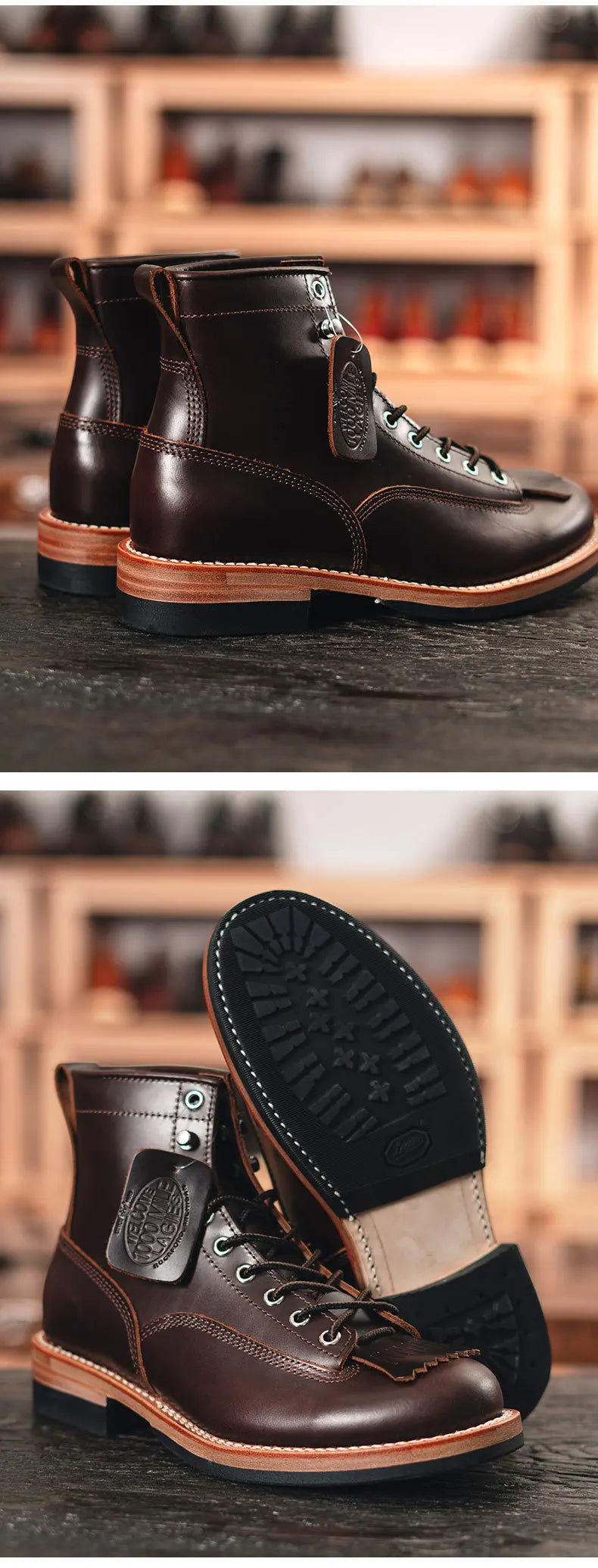 Men's Vintage Motorcycle Boots Cowhide Leather High Top Motorbike Boots Motocross Riding Boots Walking Shoes Thick Soled 38-44