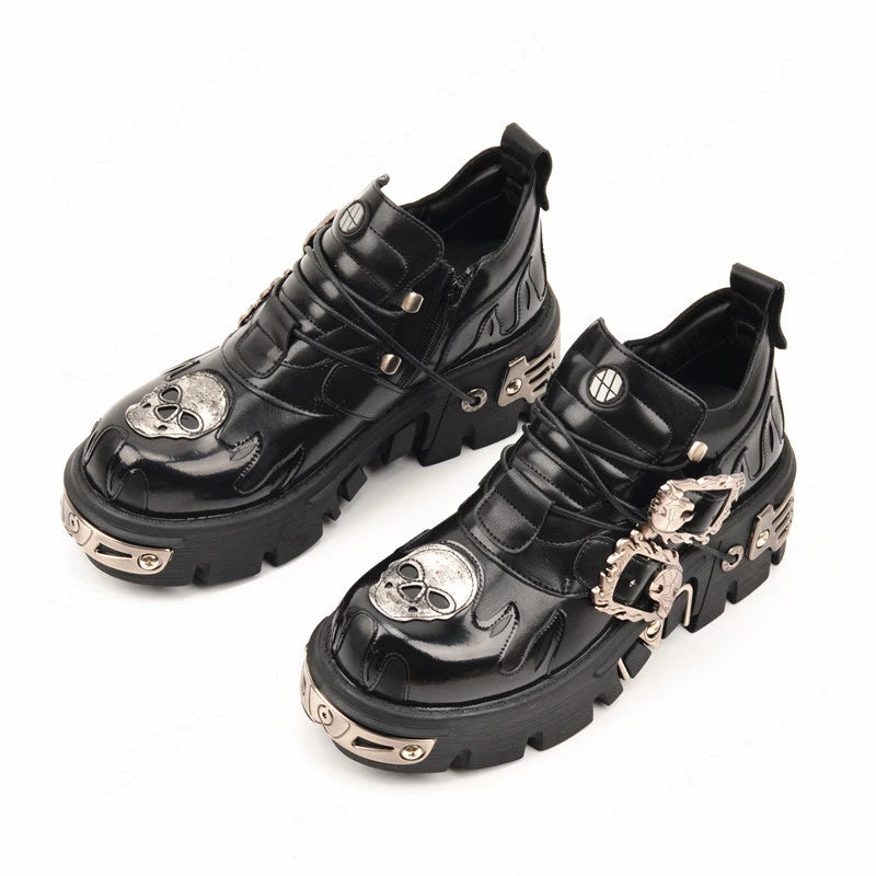New Men's Gothic Skull Boots Black Women Shoes Designer Punk Metal Platform Walking Sneakers Skeleton Metal Buckles Ankle Boots