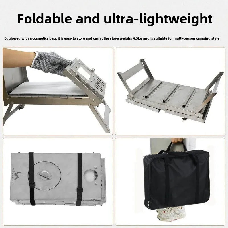 Stainless Steel Portable Tent Stove Foldable with Side Glass Chimney Burner Camping Wood Stove Heating Cooking Grill