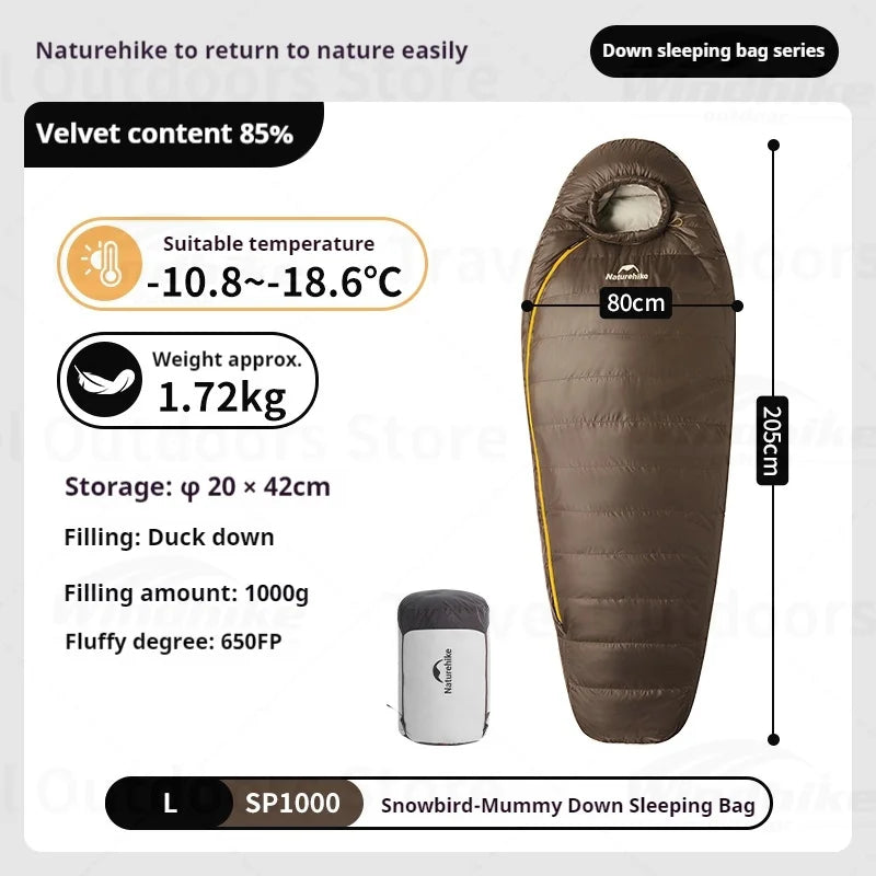 Naturehike Snowbird New Sleeping Bag Winter Duck Down Sleeping Bag Ultralight Camping Sleeping Bag Mummy 650FP Warm -10.8~3.8℃