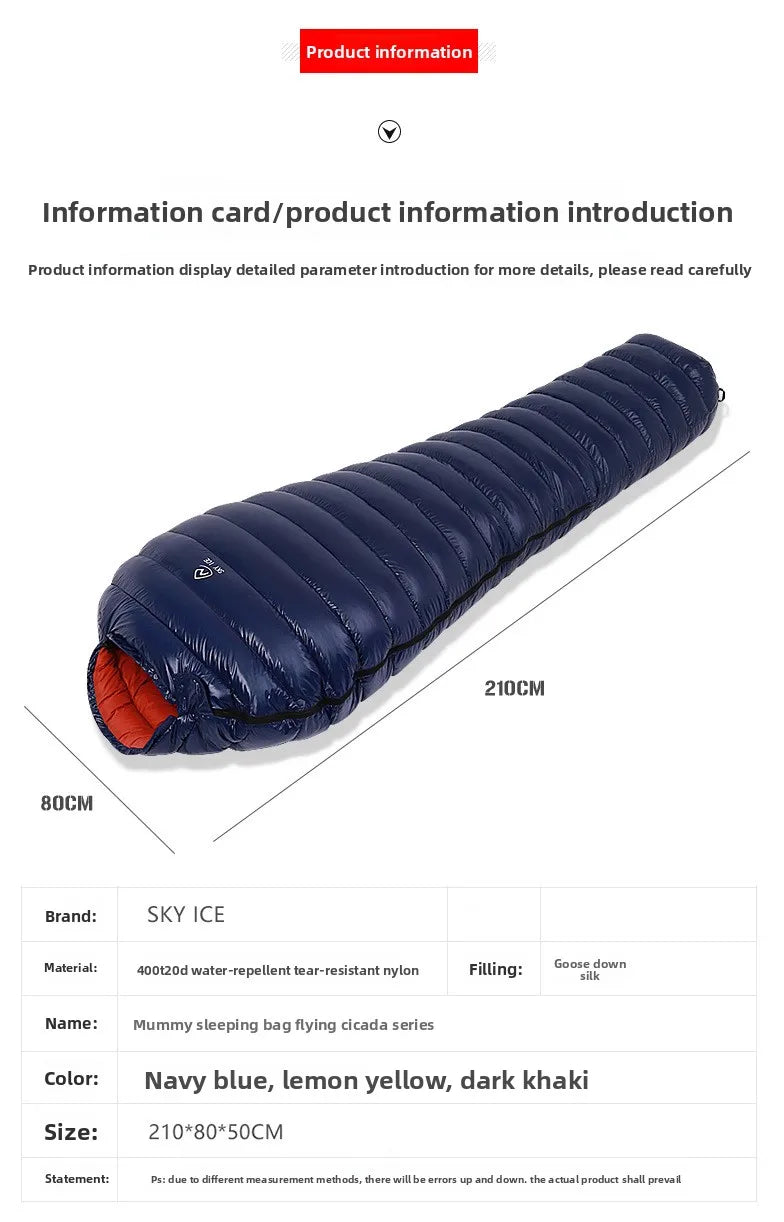SKY ICEFeichan Mummy Down Sleeping Bag for Adults Outdoor Camping Winter Thickened Goose Down Cold-Proof Warm