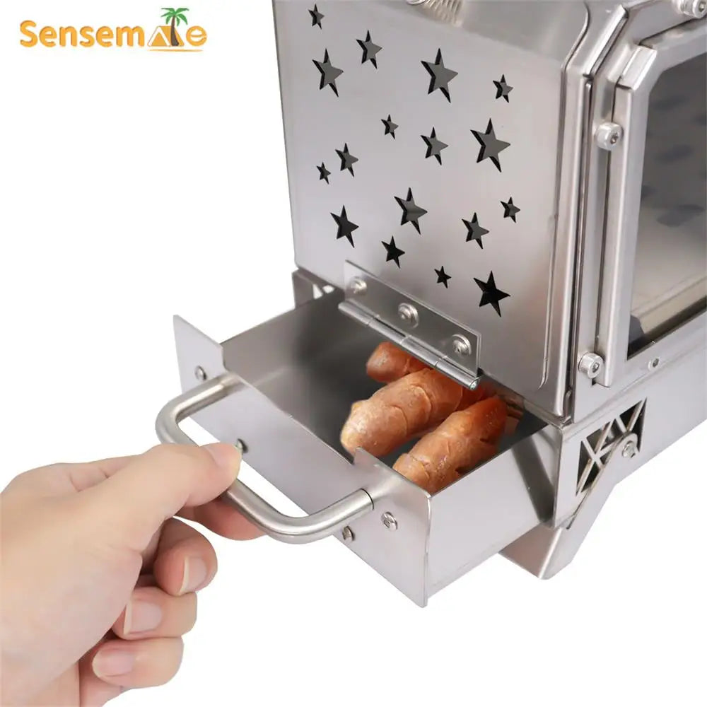 Portable Stainless Steel Wood Stove Camping Oven with Glass Window Folding Rocket Stove Mini Drawer for BBQ Grill Garden Hiking