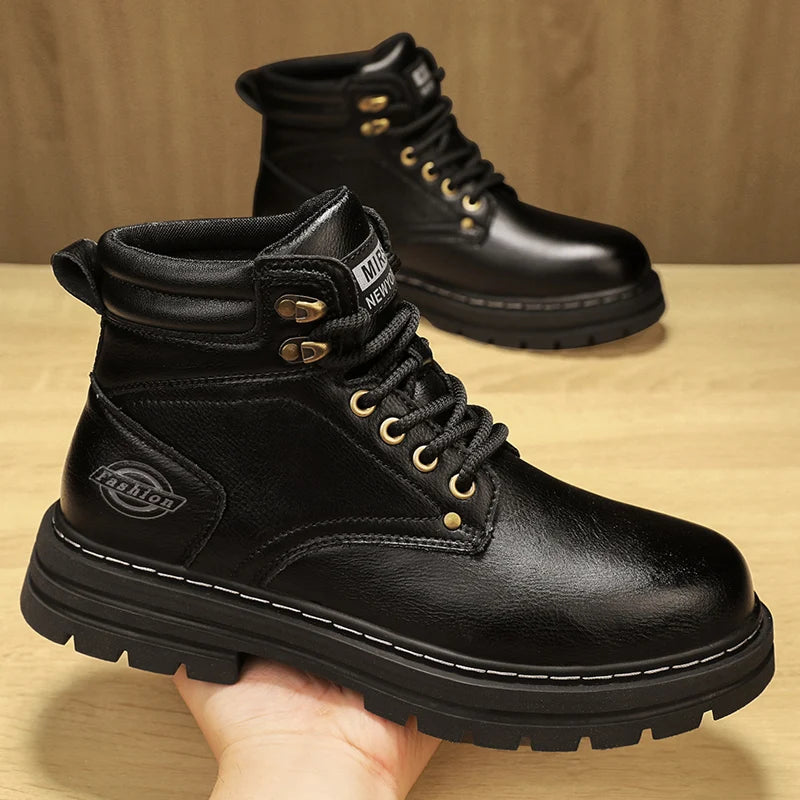 Autumn Winter Motorcycle Boots Handmade Vintage Mens Walking Shoes Casual Leather Ankle Boots Round Toe Lace-up Outdoor Footwear