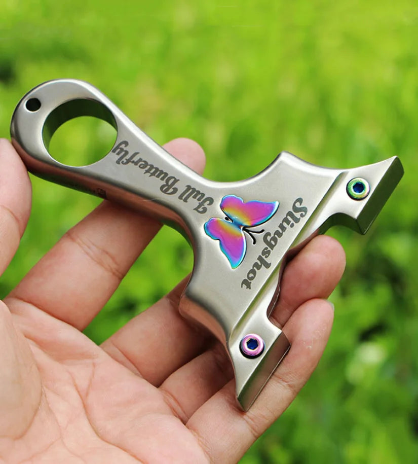 High Precision Butterfly Slingshot Outdoor Hunting Shooting Stainless Steel Competitive Slingshot Catapult With Flat Rubber Band