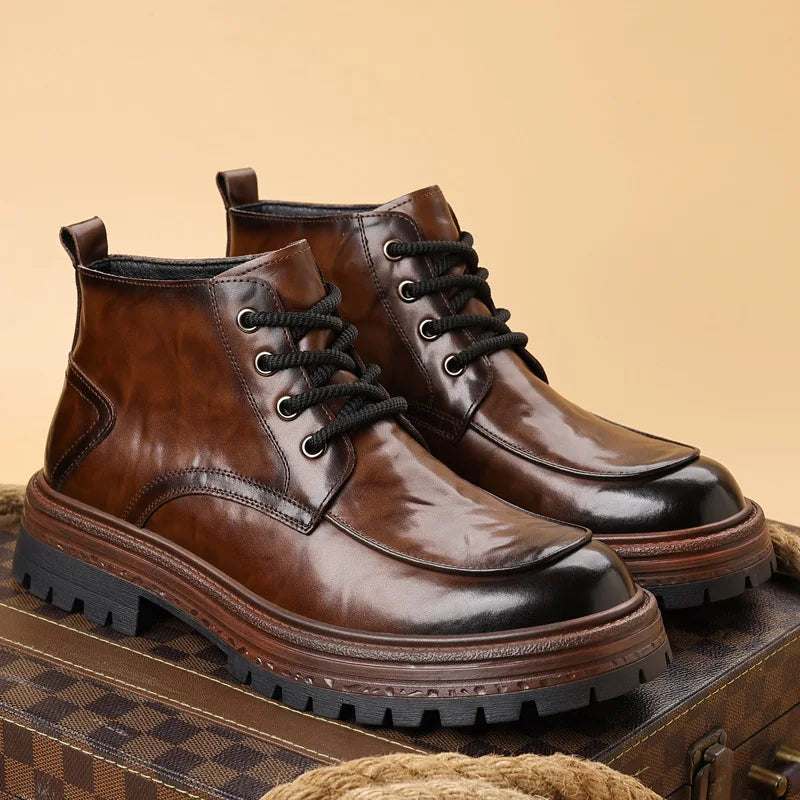 Outdoor Men High Top Leather Shoes Classic Black Leather Boots Motorcycle Breathable Riding Mid-calf Ankle Boots Warm Work Shoes